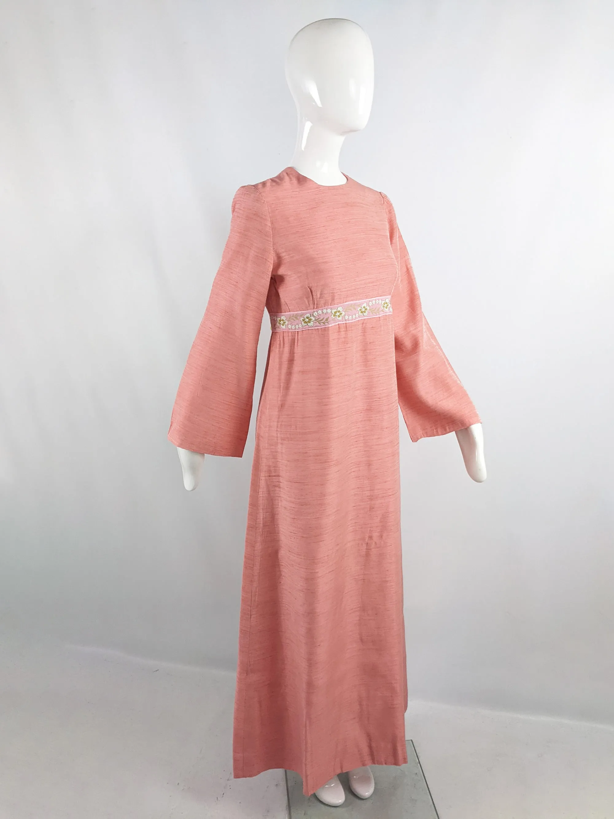 Vintage 1960s Raw Silk Peach Maxi Dress