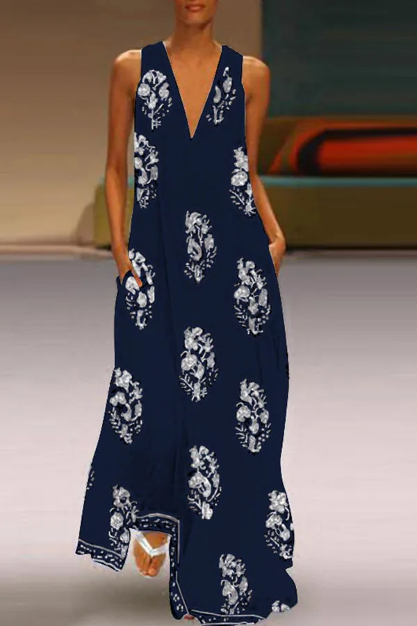 Vintage Print V-neck Vacation Dress
