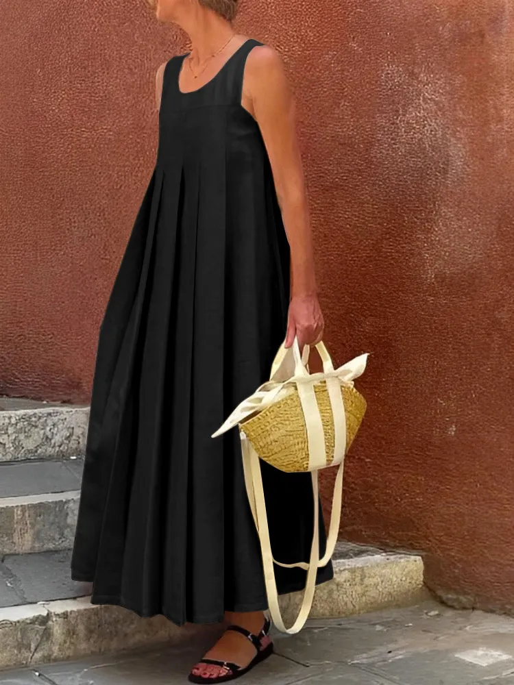 Wenkouban-Black Friday Christmas Thanksgiving Loose Sleeveless Pleated Solid Color Round-Neck Maxi Dresses