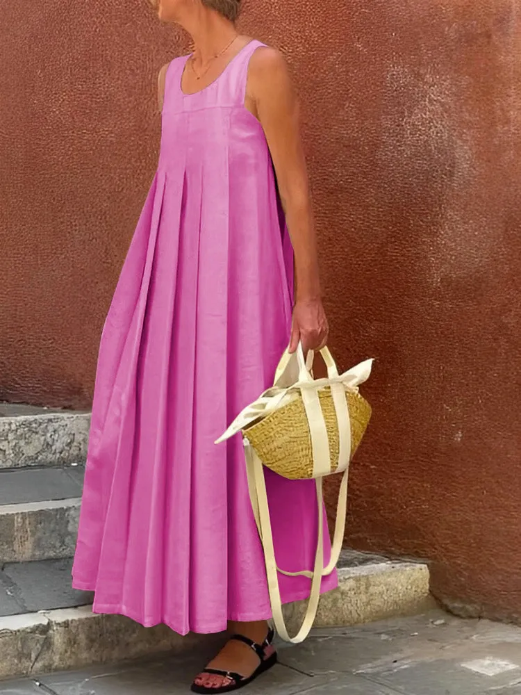 Wenkouban-Black Friday Christmas Thanksgiving Loose Sleeveless Pleated Solid Color Round-Neck Maxi Dresses