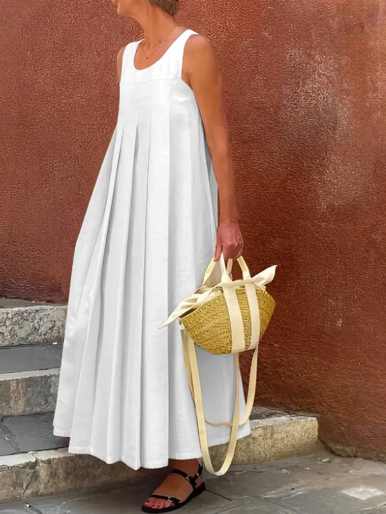 Wenkouban-Black Friday Christmas Thanksgiving Loose Sleeveless Pleated Solid Color Round-Neck Maxi Dresses